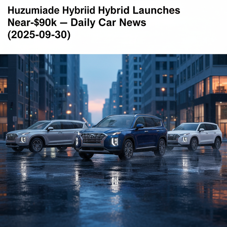 Editorial, photo-realistic HERO for an automotive daily news article titled "Hyundai Palisade Hybrid Launches Near-$90k – Daily Car News (2025-09-30)"