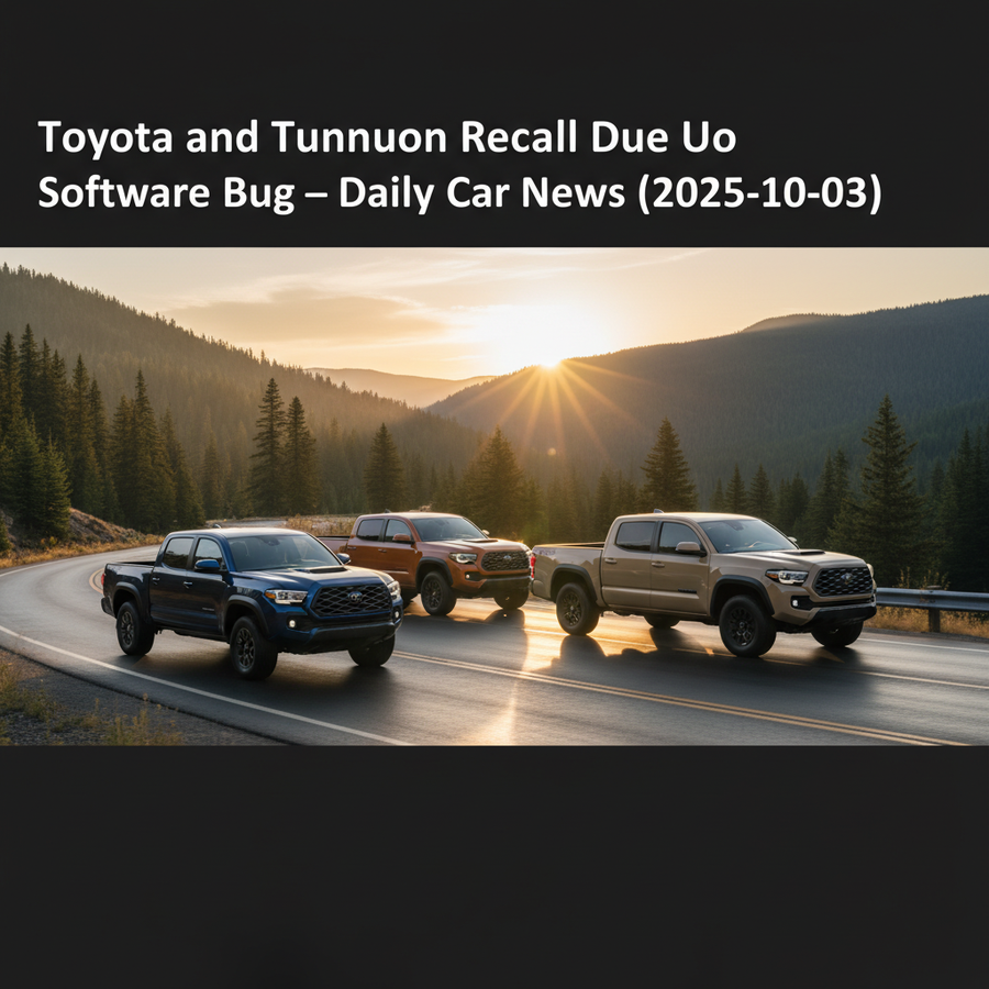 Editorial, photo-realistic HERO for an automotive daily news article titled "Toyota Tacoma and Tundra Recall Due to Software Bug – Daily Car News (202