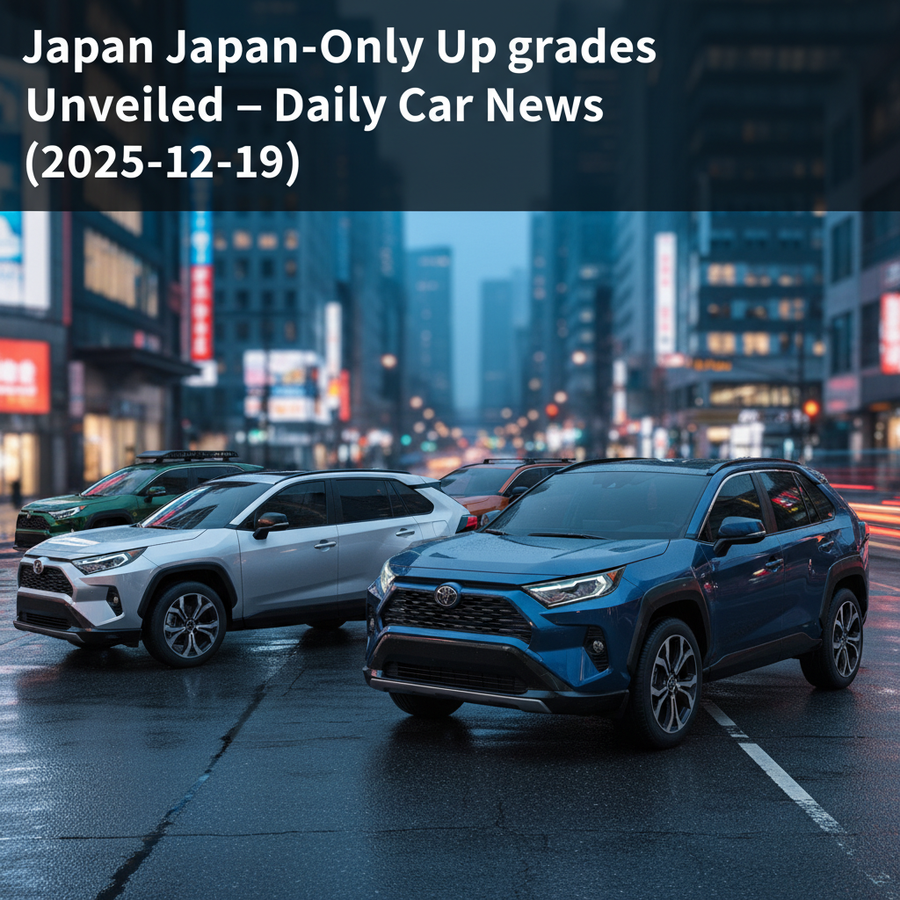 Editorial, photo-realistic HERO for an automotive daily news article titled "Toyota RAV4 Japan-Only Upgrades Unveiled – Daily Car News (2025-12-19)".