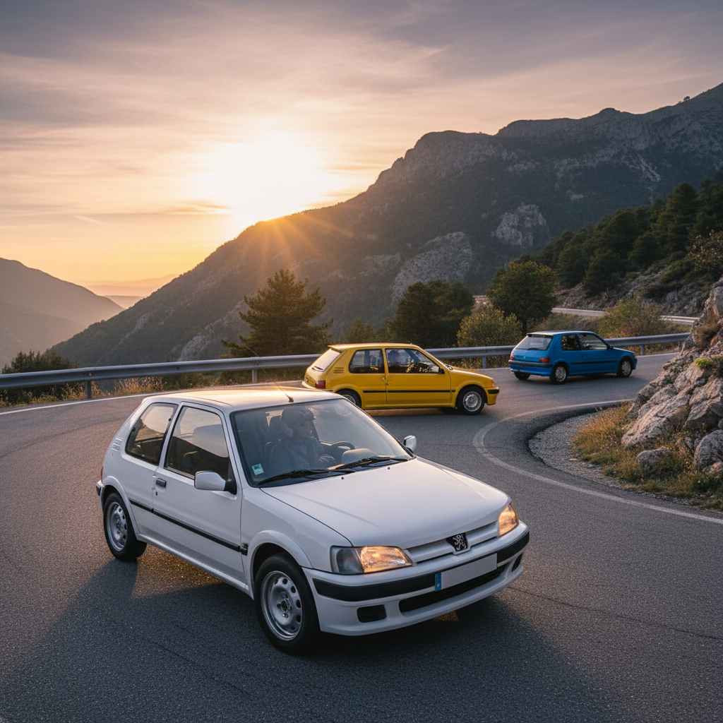 Editorial, photo-realistic HERO for an automotive daily news article titled "Peugeot 106 Rallye Values Surge as Classic Hot Hatch Gains Recognition –