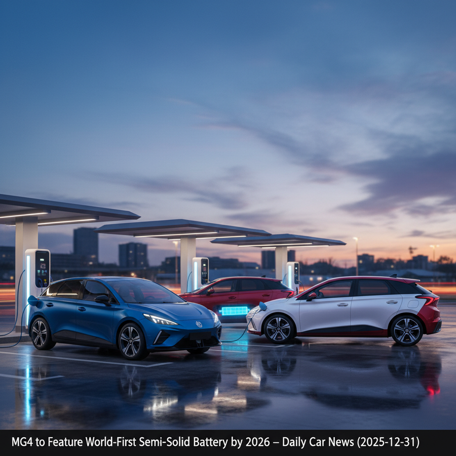 Editorial, photo-realistic HERO for an automotive daily news article titled "MG4 to Feature World-First Semi-Solid Battery by 2026 – Daily Car News (2