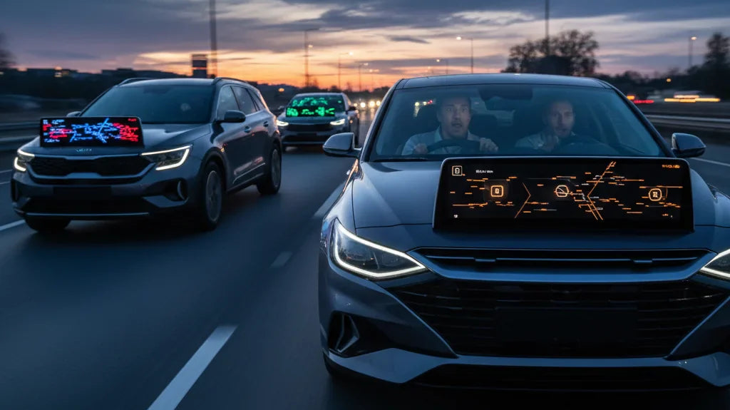 Editorial photo-realistic HERO image for automotive news (2026-01-31). Feature Hyundai and Kia vehicles specifically specific digital dashboard models