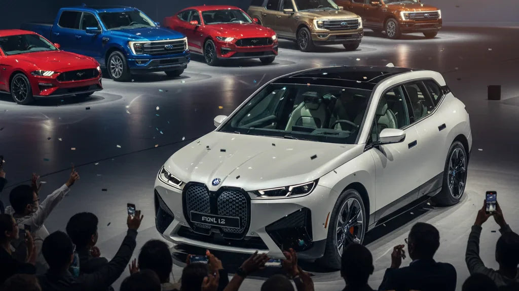 Editorial photo-realistic HERO image for automotive news (2026-02-01). Feature BMW and Ford vehicles specifically BMW iX, Ford Mustang. Scene: A dynam