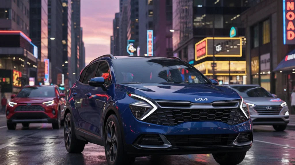 Editorial photo-realistic HERO image for automotive news (2026-02-04). Feature Kia and Toyota and Hyundai vehicles specifically Kia Sportage S Hybrid,