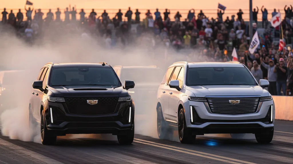 Editorial photo-realistic HERO image for automotive news (2026-02-15). Feature Cadillac vehicles specifically Escalade V, Escalade IQ. Scene: A dramat