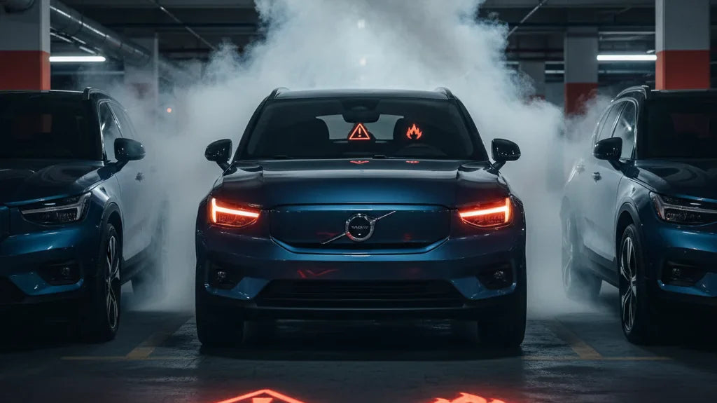 Editorial photo-realistic HERO image for automotive news (2026-03-04). Feature Volvo vehicles specifically EX30. Scene: A dramatic shot of the Volvo E