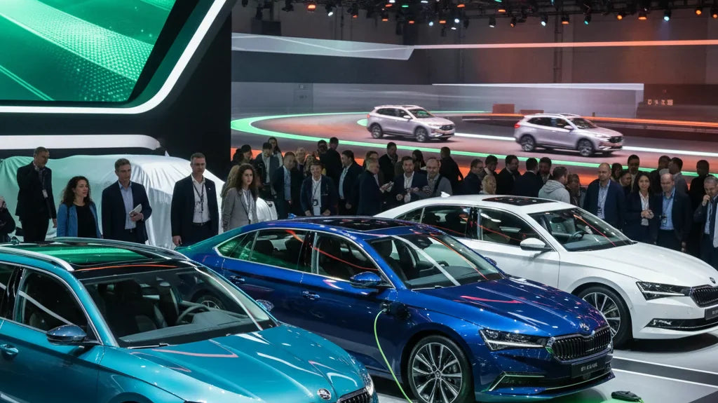 Editorial photo-realistic HERO image for automotive news (2026-03-05). Feature Skoda and BYD vehicles specifically Octavia Hybrid, Seal 6 Touring, Sup