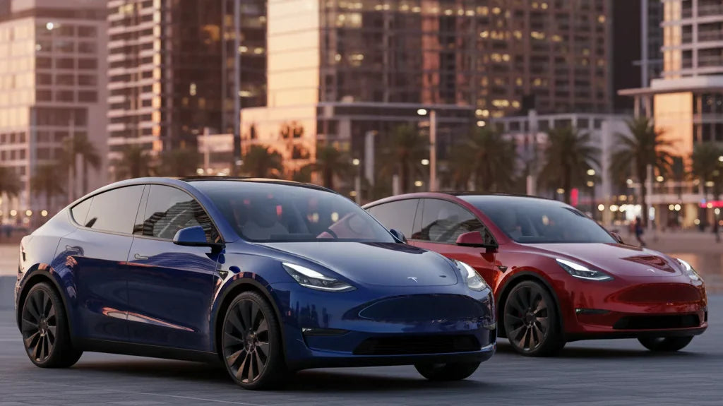 Editorial photo-realistic HERO image for automotive news (2026-03-06). Feature Tesla vehicles specifically Model Y L. Scene: A sleek, longer version o