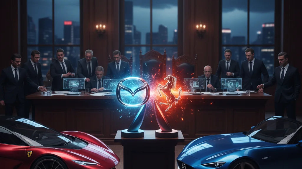 Editorial photo-realistic HERO image for automotive news (2026-03-13). Feature Mazda and Ferrari vehicles specifically Mazda trademark, Ferrari models