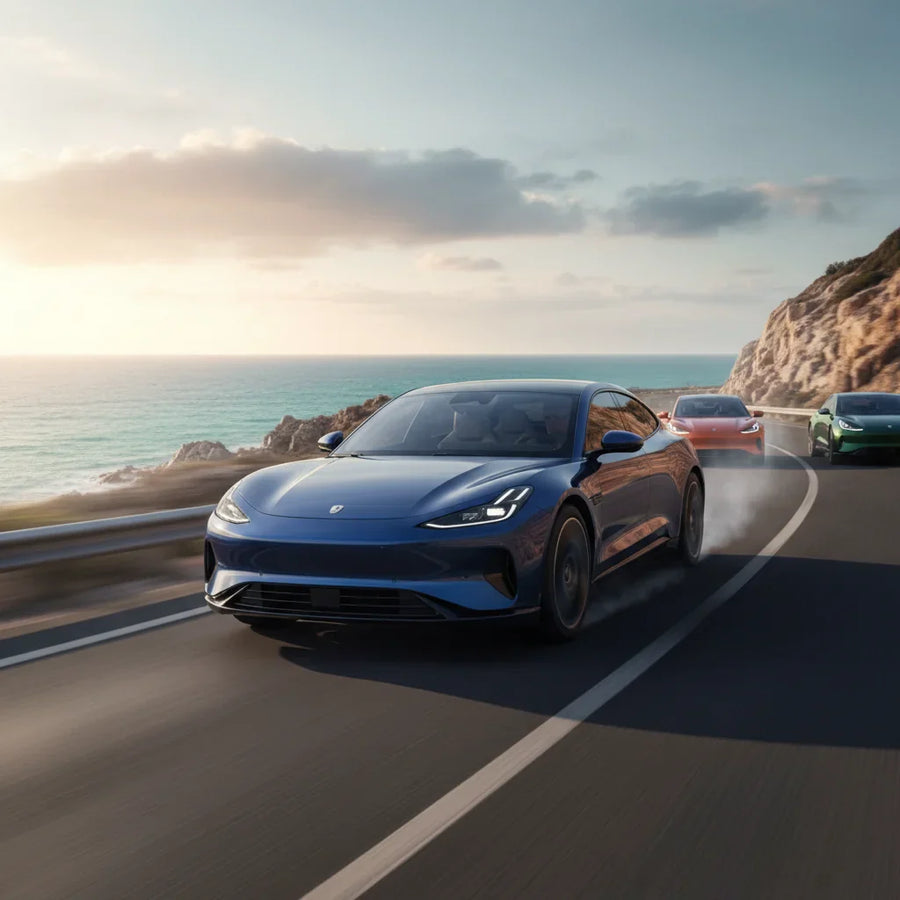 Editorial photo-realistic HERO image for automotive news (2026-03-16). Feature Zeekr vehicles specifically Zeekr 001. Scene: A dynamic shot of the Zee