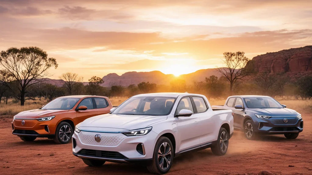 Editorial photo-realistic HERO image for automotive news (2026-03-24). Feature MG vehicles specifically U9 EV. Scene: A dynamic outdoor setting showca