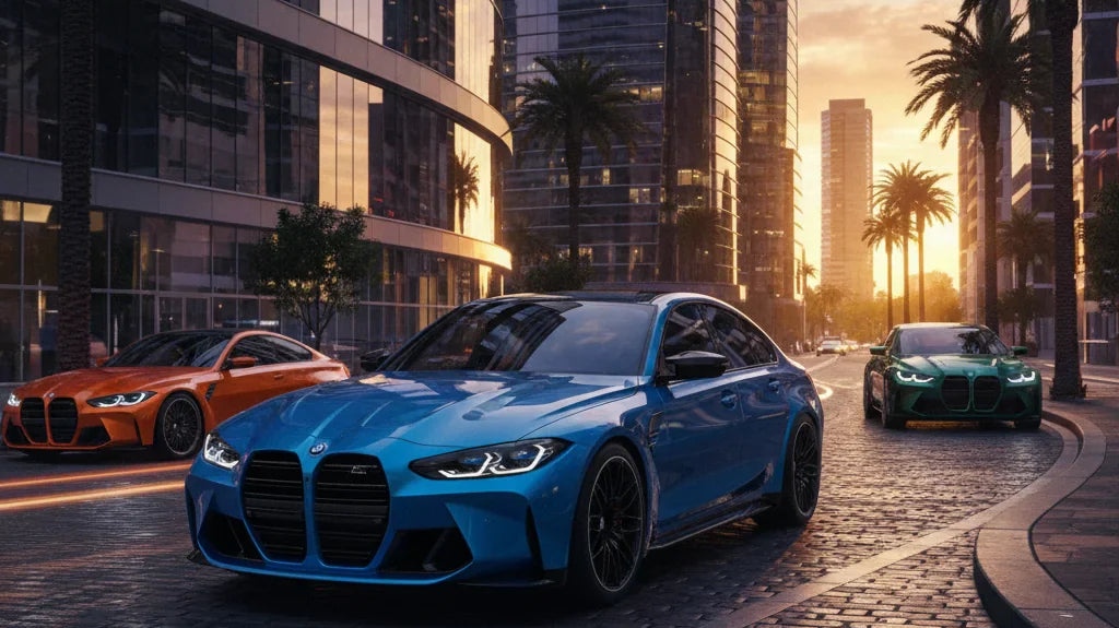 Editorial photo-realistic HERO image for automotive news (2026-03-25). Feature BMW vehicles specifically M3. Scene: The all-new electric BMW M3 parked