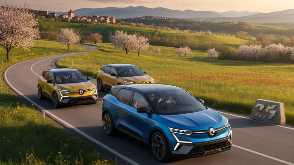 Editorial photo-realistic HERO image for automotive news (2026-03-26). Feature Renault vehicles specifically 2026 Scenic E-Tech. Scene: The Renault Sc