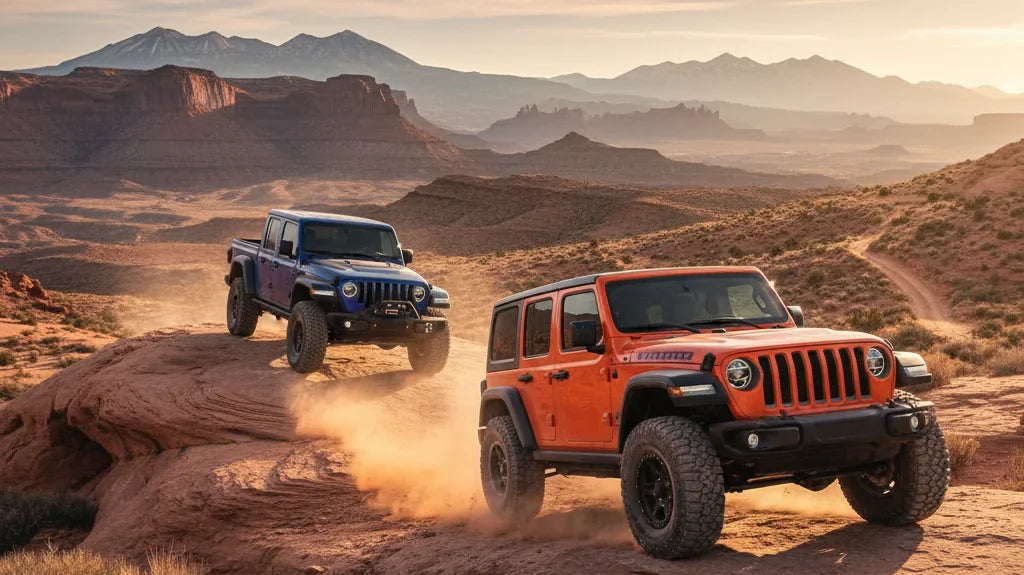 Editorial photo-realistic HERO image for automotive news (2026-04-07). Feature Jeep vehicles specifically Wrangler, Gladiator. Scene: A vibrant off-ro
