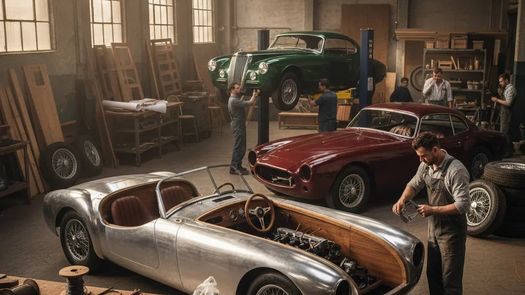 Editorial photo-realistic HERO image for automotive news (2026-04-12). Feature Kit Car Brand vehicles specifically Grandmaster Kit Car. Scene: A vinta