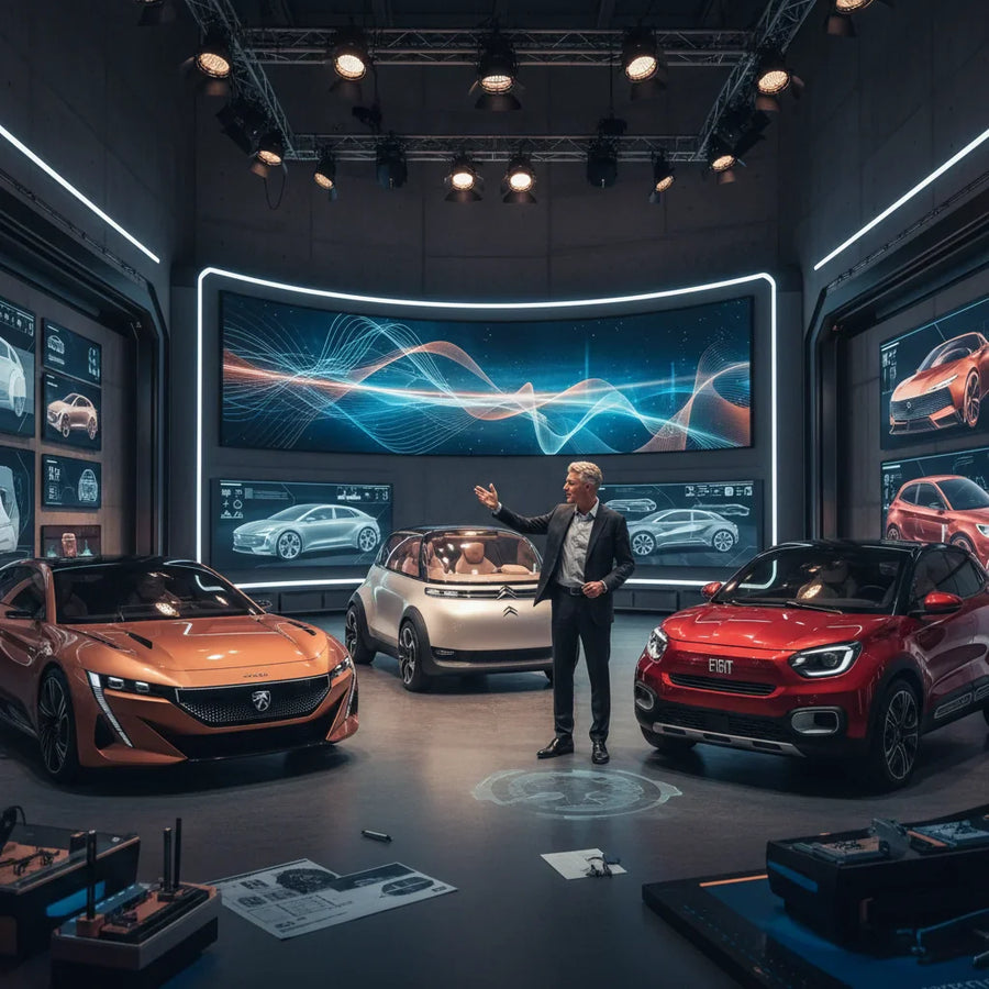 Editorial photo-realistic HERO image for automotive news (2026-05-17). Feature Stellantis vehicles specifically Peugeot, Citroën, Fiat. Scene: Gilles