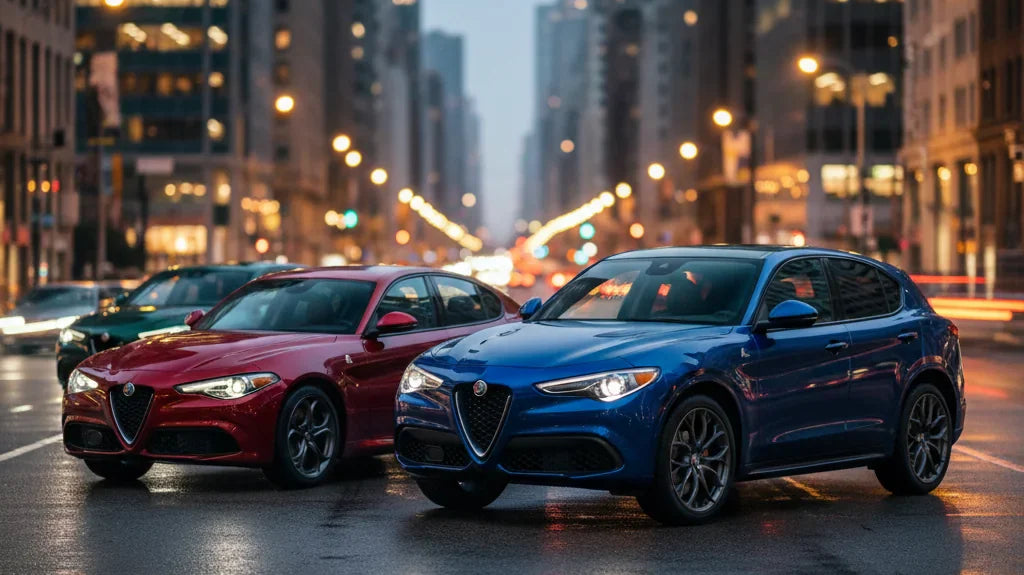 Editorial photo-realistic HERO image for automotive news (2026-05-26). Feature Alfa Romeo vehicles specifically Giulia, Stelvio. Scene: A sleek, moder
