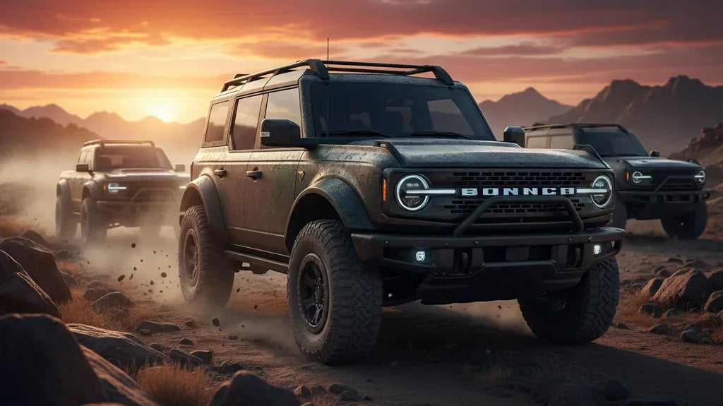 Editorial photo-realistic HERO image for automotive news (2026-06-06). Feature Ford vehicles specifically Bronco. Scene: A rugged Ford Bronco with arm