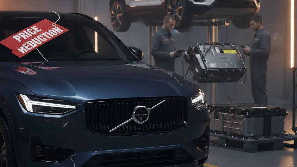 Editorial photo-realistic HERO image for automotive news (2026-06-29). Feature Volvo vehicles specifically EX30, EX90. Scene: A Volvo EX30 in a worksh