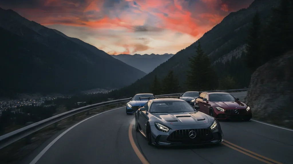 Editorial photo-realistic HERO image for automotive news (2026-08-13). Feature Mercedes-Benz and AMG vehicles specifically AMG GT Black Series. Scene: