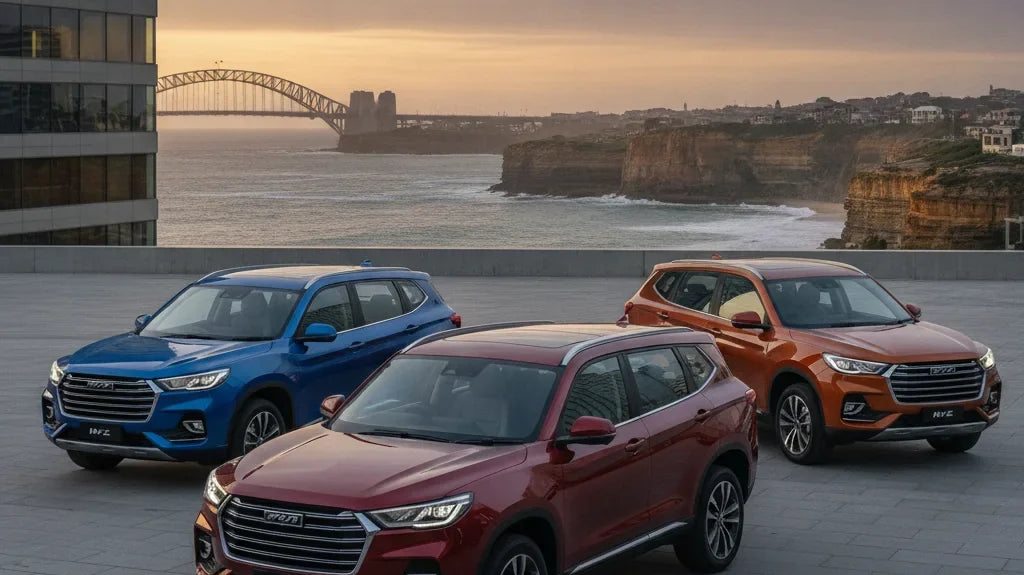 Editorial photo-realistic HERO image for automotive news (2026-08-21). Feature GWM Haval vehicles specifically H7. Scene: A GWM Haval H7 parked in an