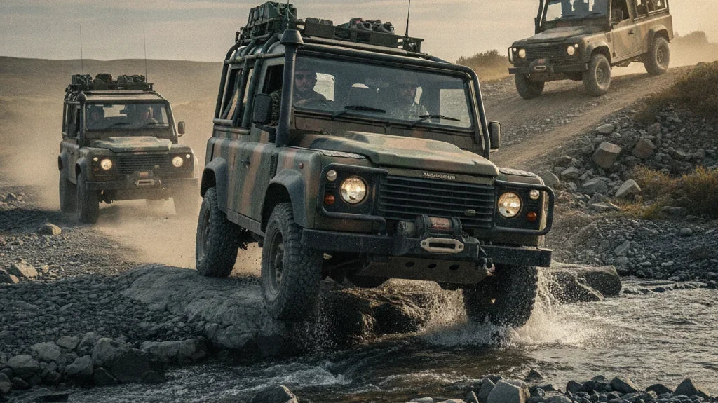 Editorial photo-realistic HERO image for automotive news (2026-09-05). Feature Land Rover vehicles specifically Defender Wolf Series II. Scene: A rugg