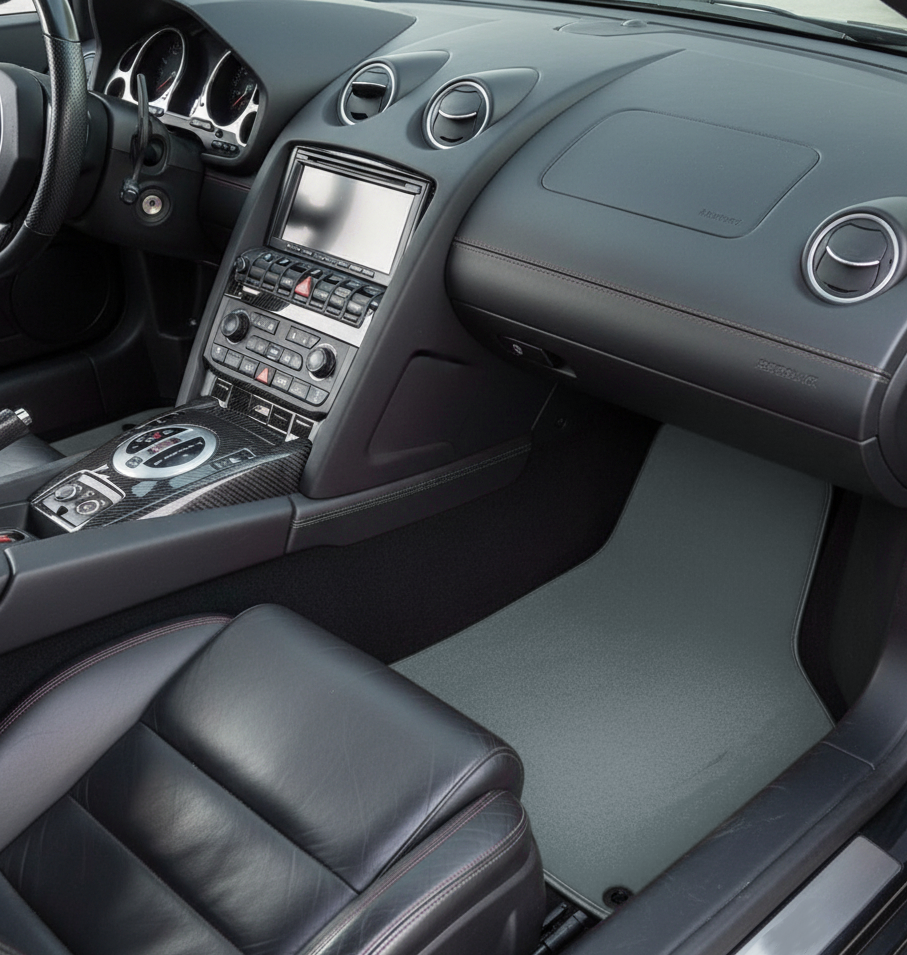 Maßgefertigte schwarze Fußmatten für Lamborghini Gallardo mit orangefarbenem Alcantara-Leder - AutoWin.EU
