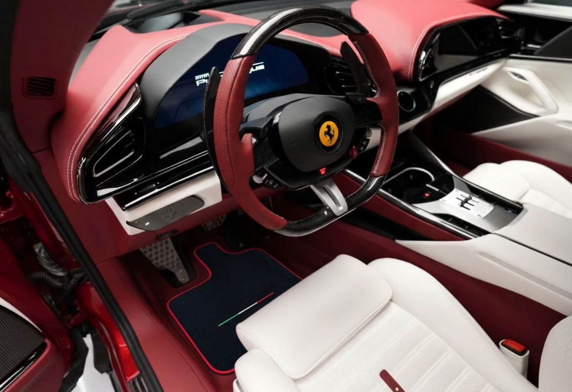 Black Floor Mats for Ferrari Purosangue with Leather and Beige Trim | Italian Edition - AutoWin