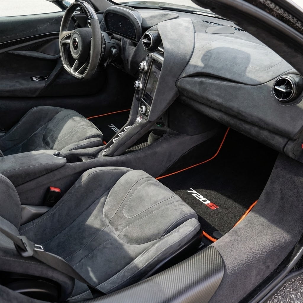 Black Floor Mats for McLaren 720S (2017-2021) with Orange Leather - AutoWin