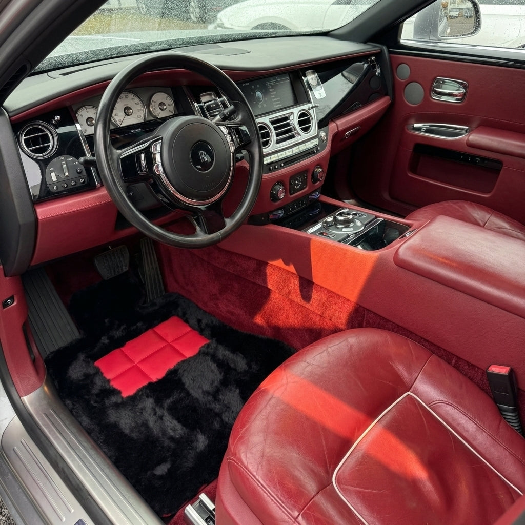 Black Sheepskin Floor Mats for Rolls-Royce Ghost Series II (2021-2024) I Orange Leather Trim - AutoWin
