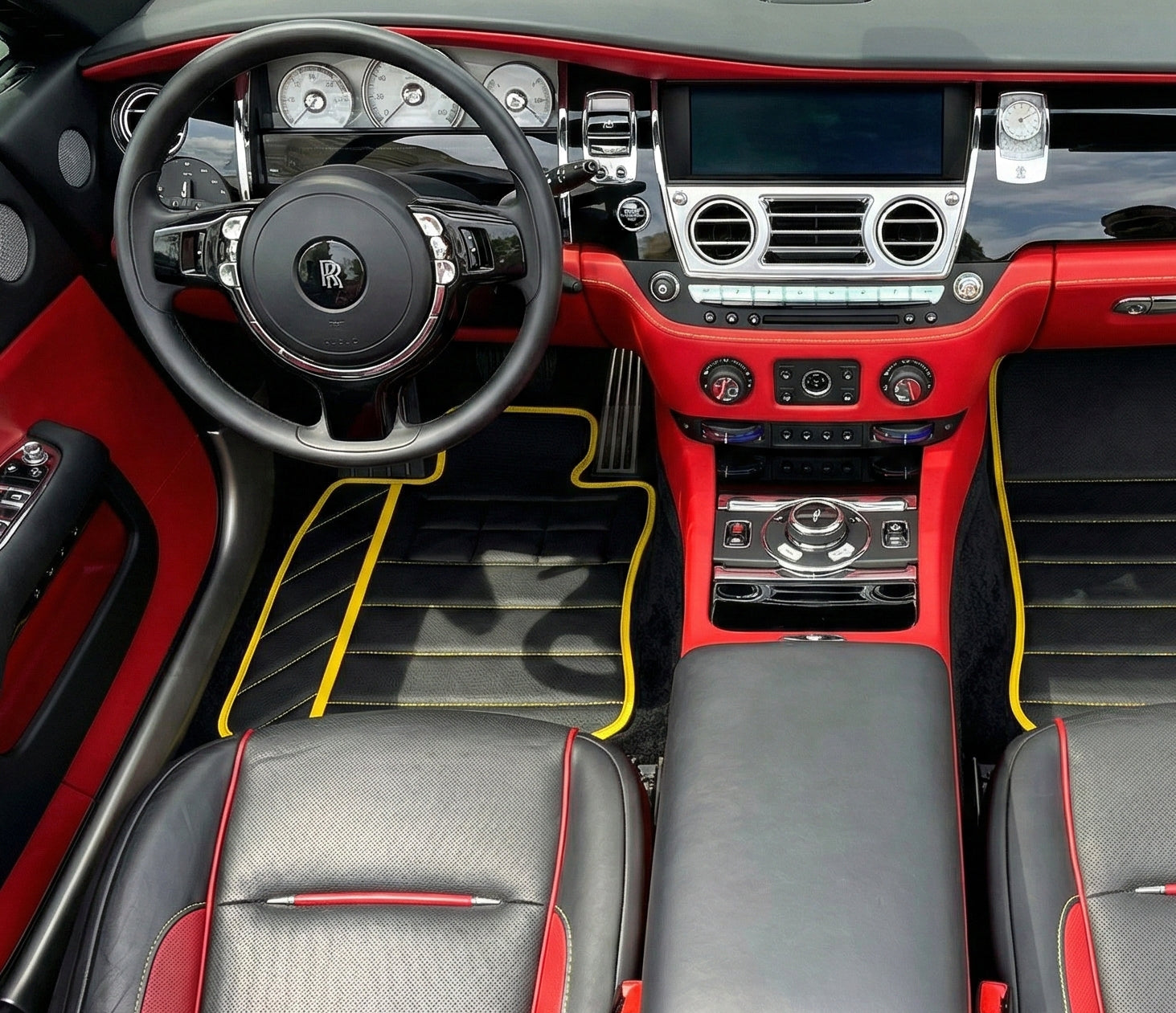 Black Floor Mats for Rolls Royce Dawn (2016-2023) with Golden Leather - AutoWin