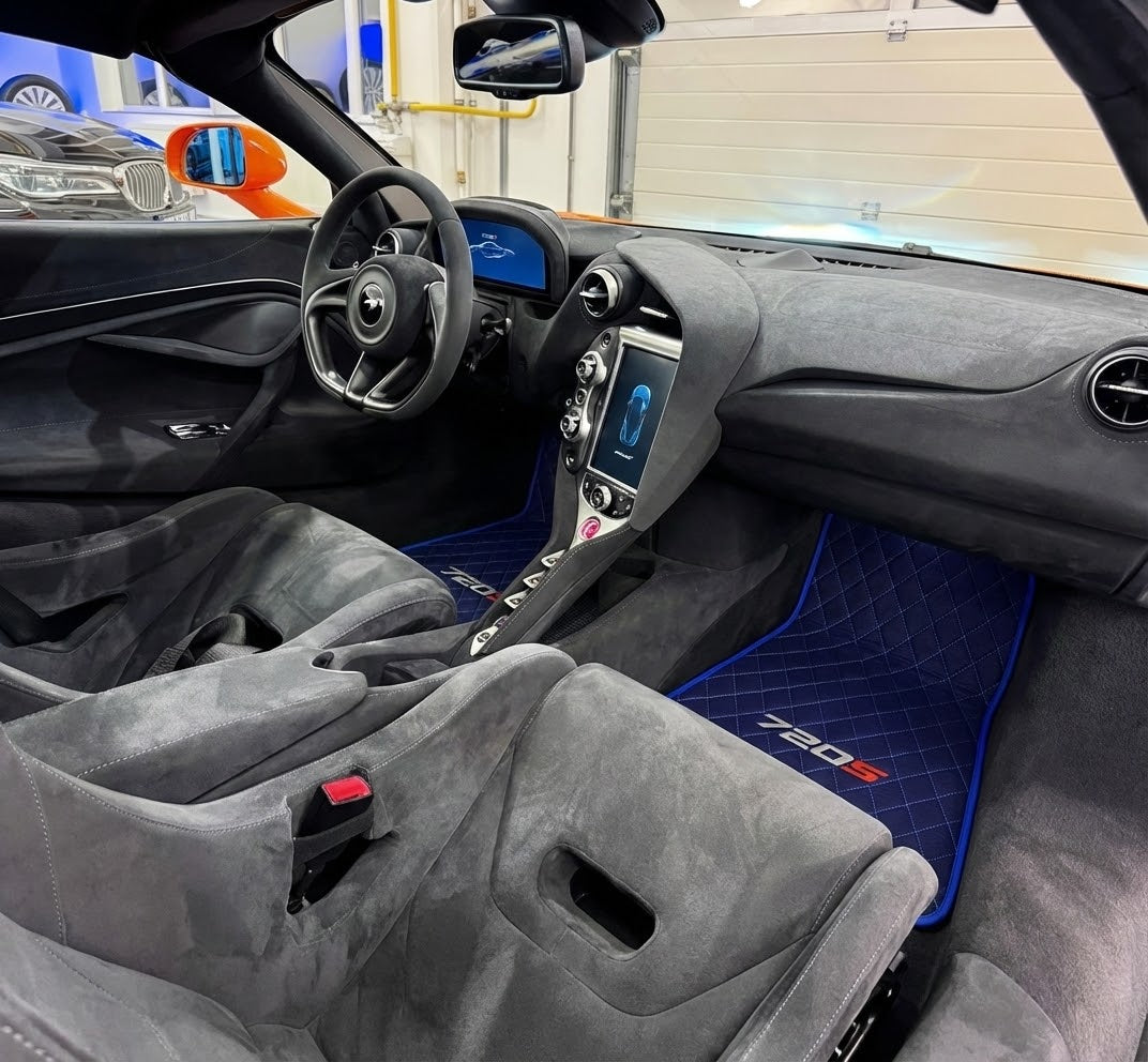 Black Floor Mats for McLaren 720S (2017-2021) with Orange Leather - AutoWin