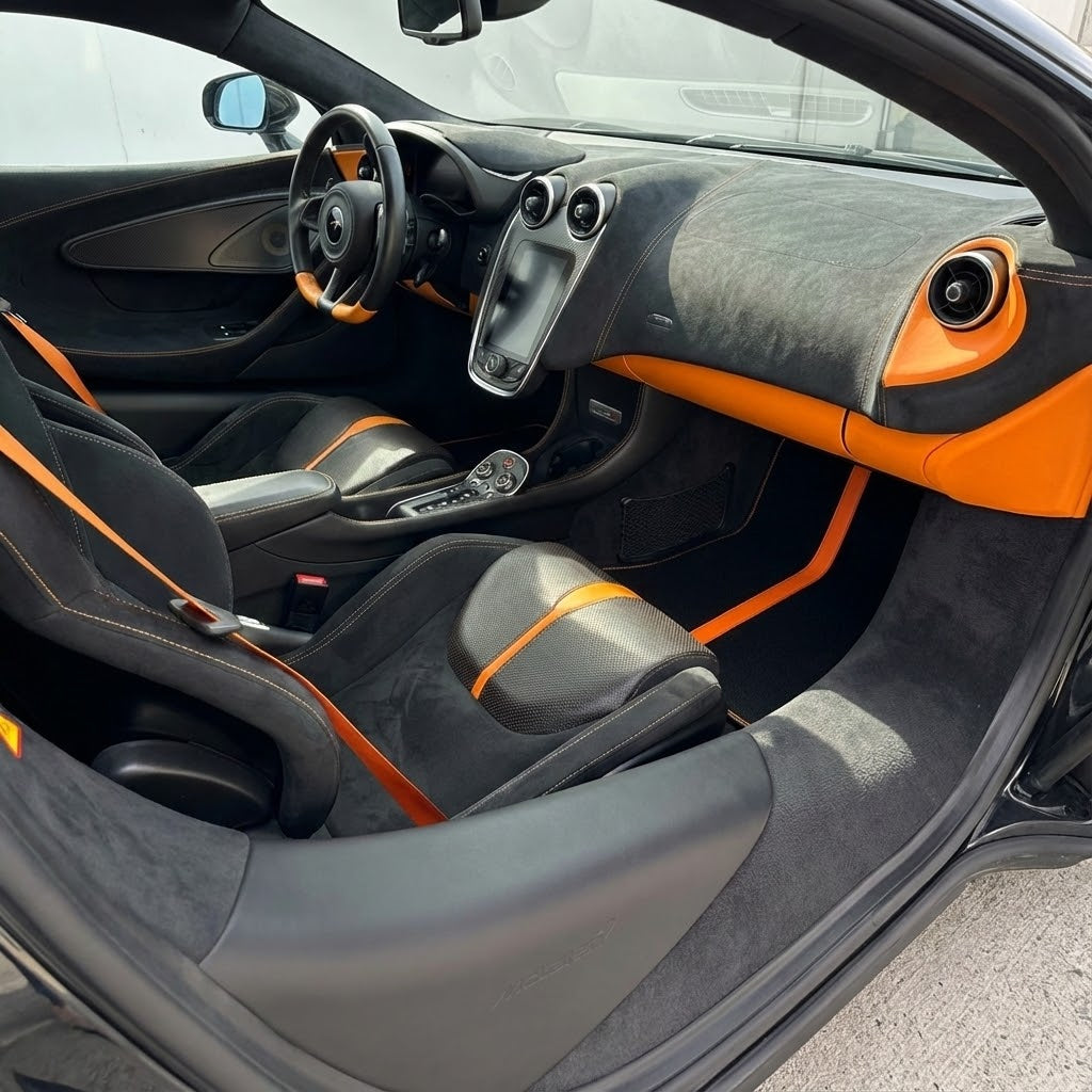 Black Floor Mats For McLaren 570S (2015-2021) With Orange Alcantara Leather - AutoWin