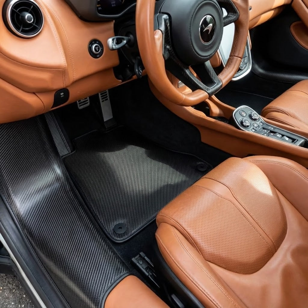 Black Floor Mats For McLaren 570S (2015-2021) With Orange Alcantara Leather - AutoWin