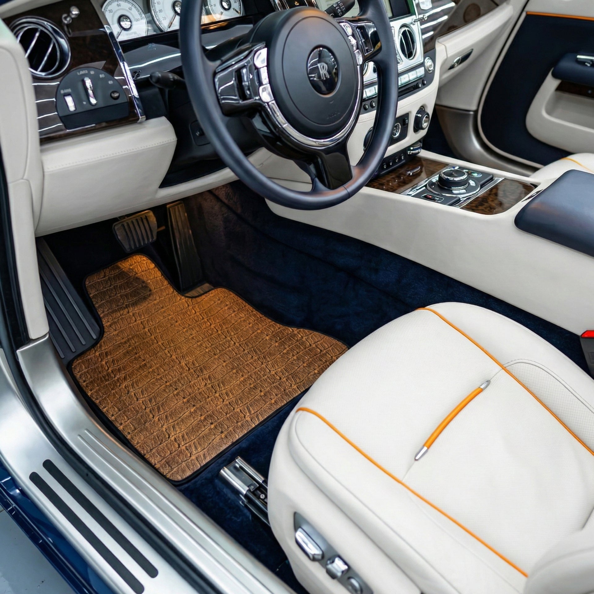 Black Floor Mats for Rolls Royce Dawn (2016-2023) with Golden Leather - AutoWin
