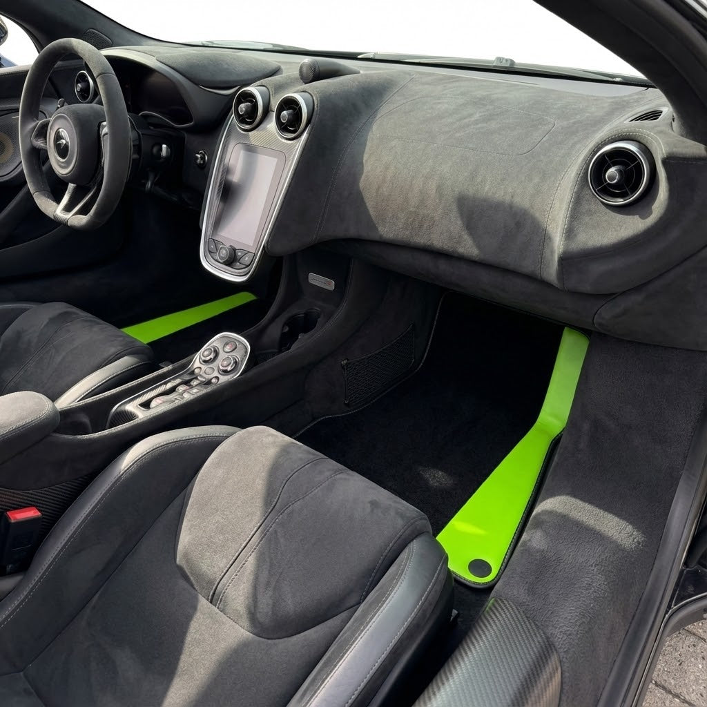 Tapis de voiture noir pour McLaren 600 LT (2018-2020) avec garniture jaune - AutoWin