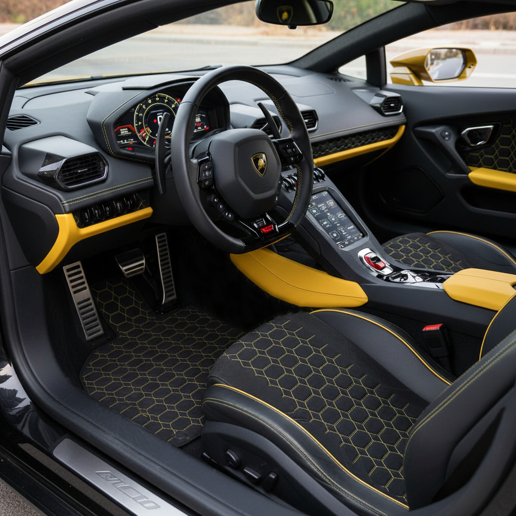 Tapis de voiture en cuir personnalisable avec motif hexagonal pour Lamborghini Huracan STO (2021-2024) - AutoWin