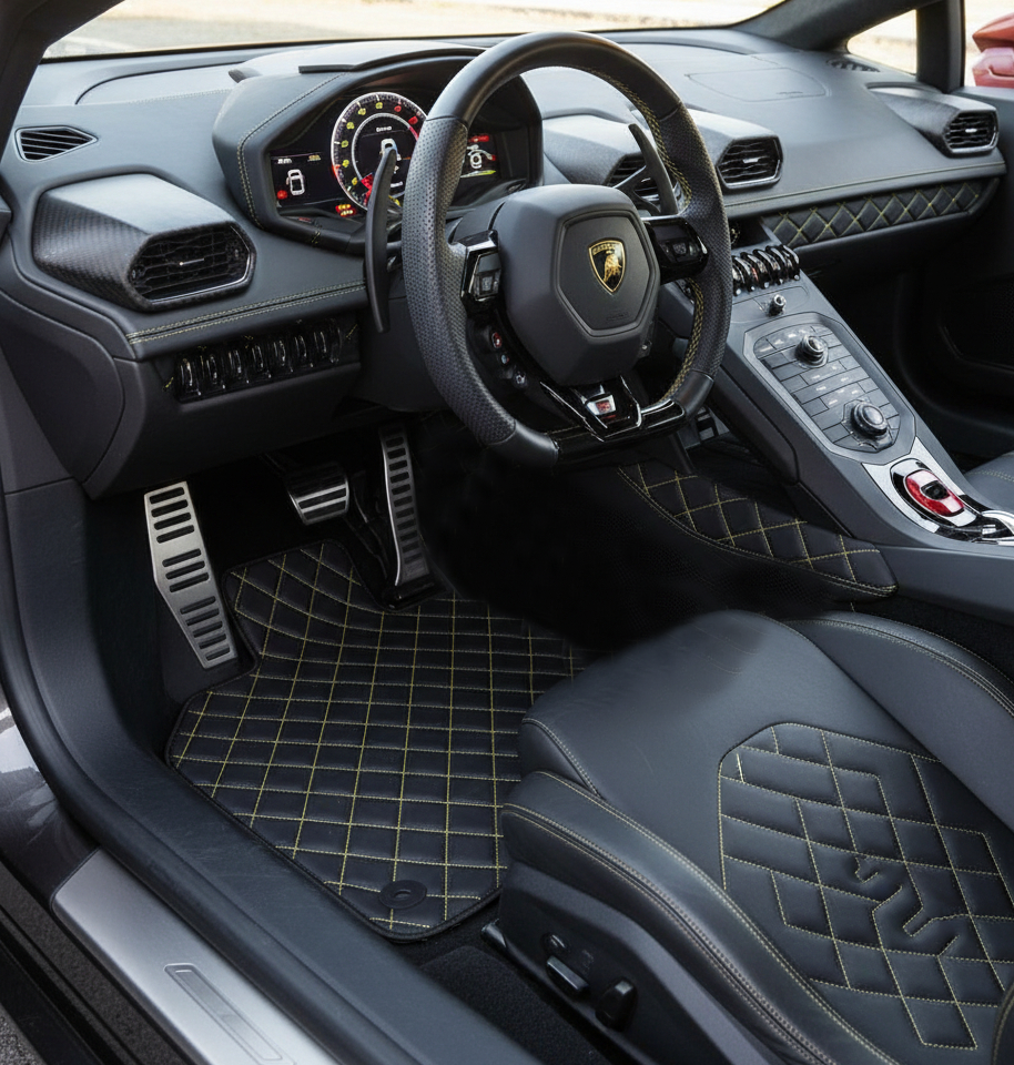 Tapis de voiture en cuir personnalisable avec motif hexagonal pour Lamborghini Huracan STO (2021-2024) - AutoWin