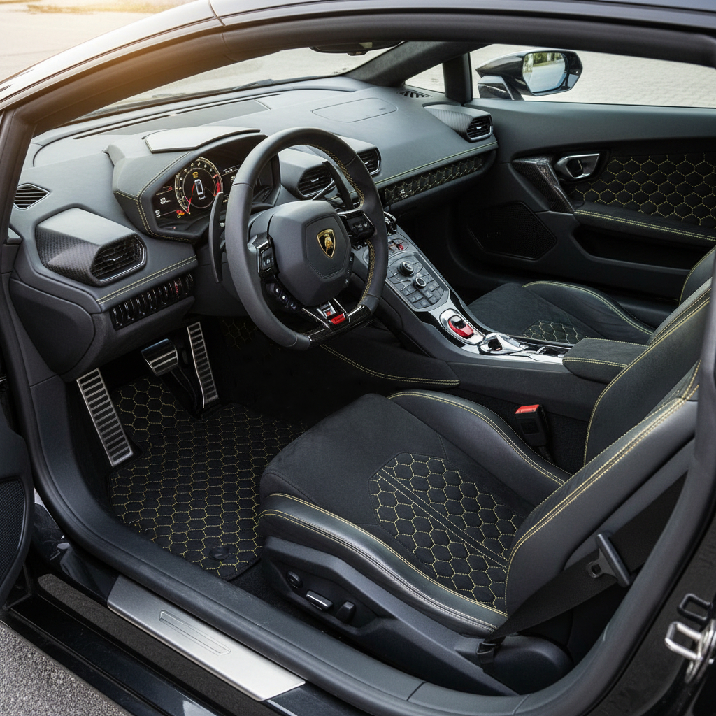 Anpassbare Lederfußmatten mit Sechseckmuster für Lamborghini Huracan Perfomante (2017-2019) - AutoWin