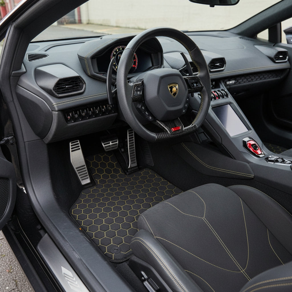 Tapis de voiture en cuir personnalisable avec motif hexagonal pour Lamborghini Huracan STO (2021-2024) - AutoWin