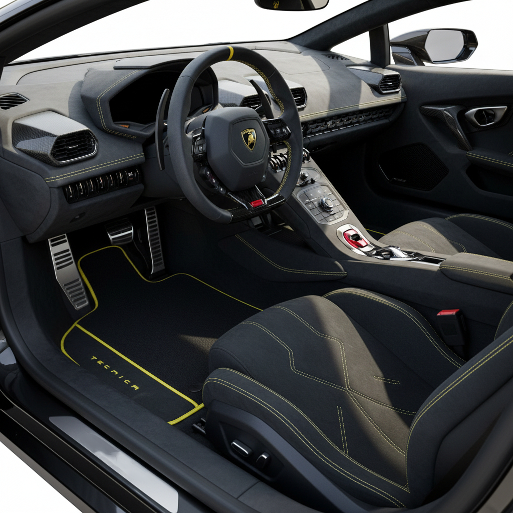 Tapis de voiture noir pour Lamborghini Huracan STO avec cuir noir | Édition italienne - AutoWin.EU