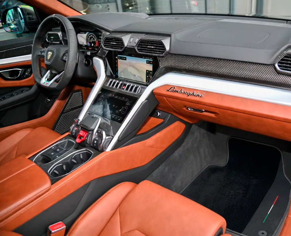 Fußmatten für Lamborghini Urus Schwarz mit orangefarbenen runden Teppichen - AutoWin.EU