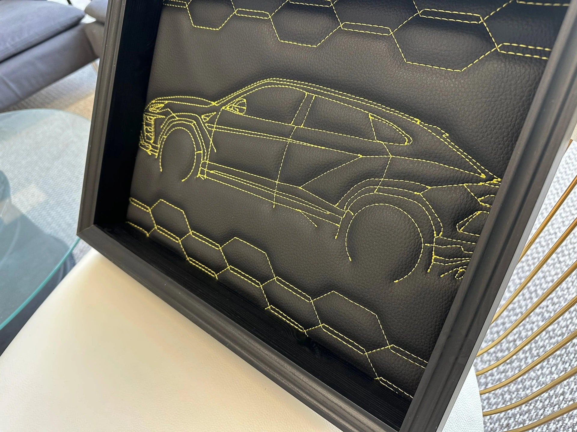 Black Leather Lamborghini Urus Inspired Wall Art: Embroidered Yellow Stitch - AutoWin