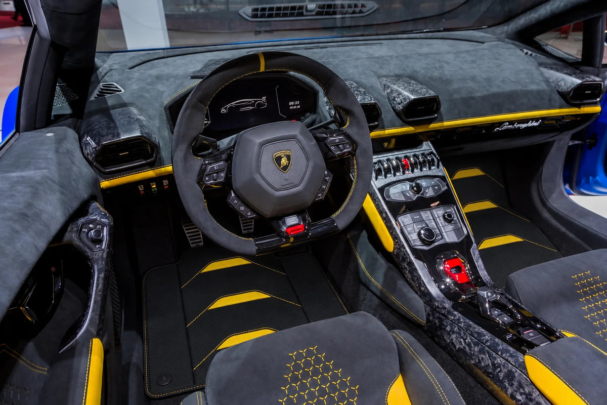Customizable Leather Floor Mats with AW24 Pattern for Lamborghini Huracan Performante (2017-2019) inside the vehicle