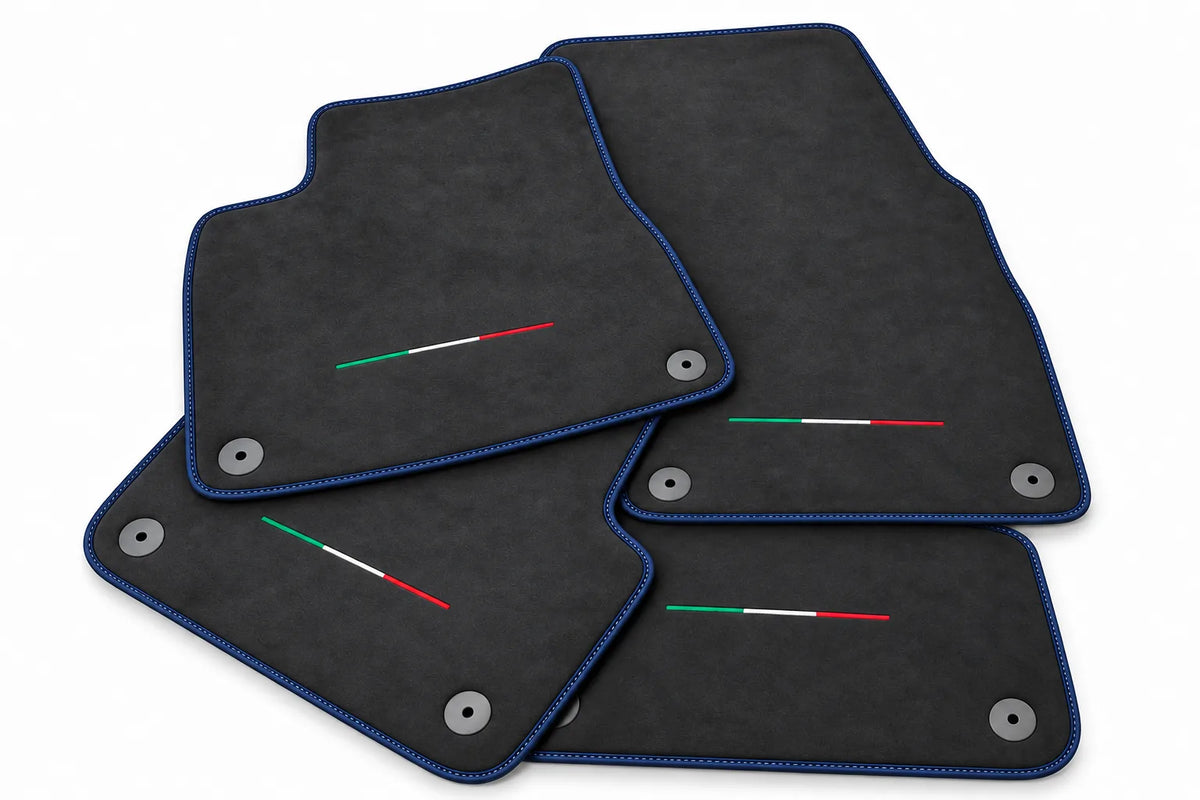 Floor Mats For Lamborghini Urus Alcantara Leather With Yellow Stitching Dark Blue trim