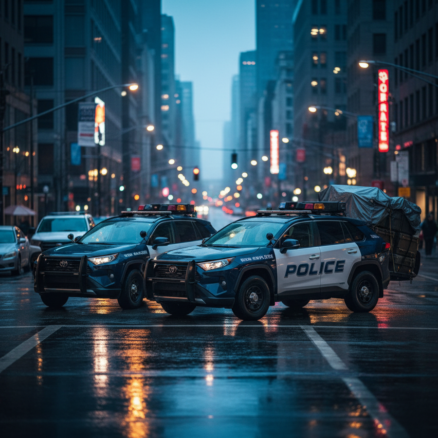 Editorial, photo-realistic HERO for an automotive daily news article titled "Toyota RAV4 Police Cars Under Payload Scrutiny – Daily Car News (2025-10-
