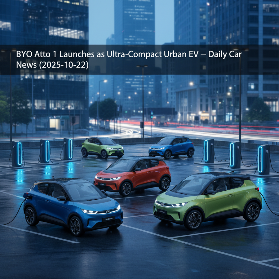 Editorial, photo-realistic HERO for an automotive daily news article titled "BYD Atto 1 Launches as Ultra-Compact Urban EV – Daily Car News (2025-10-2