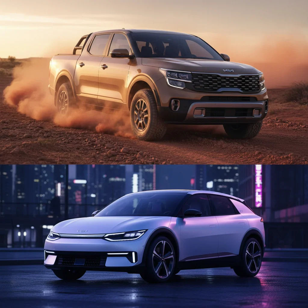 Editorial photo-realistic HERO image for automotive news (2026-01-30). Feature Kia vehicles specifically Tasman ute, EV4. Scene: A Kia Tasman ute driv