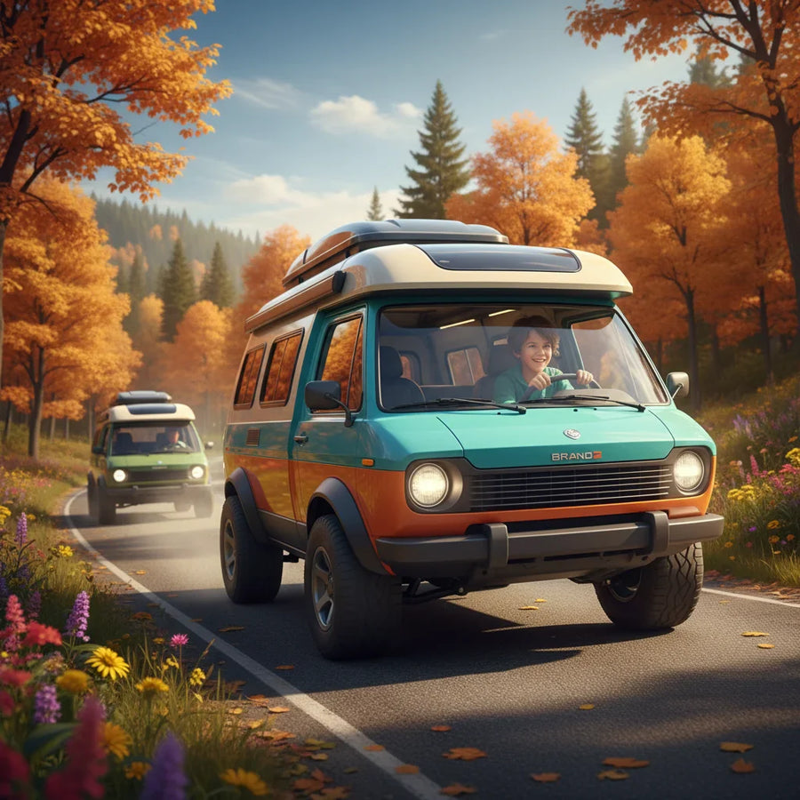 Editorial photo-realistic HERO image for automotive news (2026-02-08). Feature Brand1 and Brand2 vehicles specifically Campervan. Scene: A 13-year-old