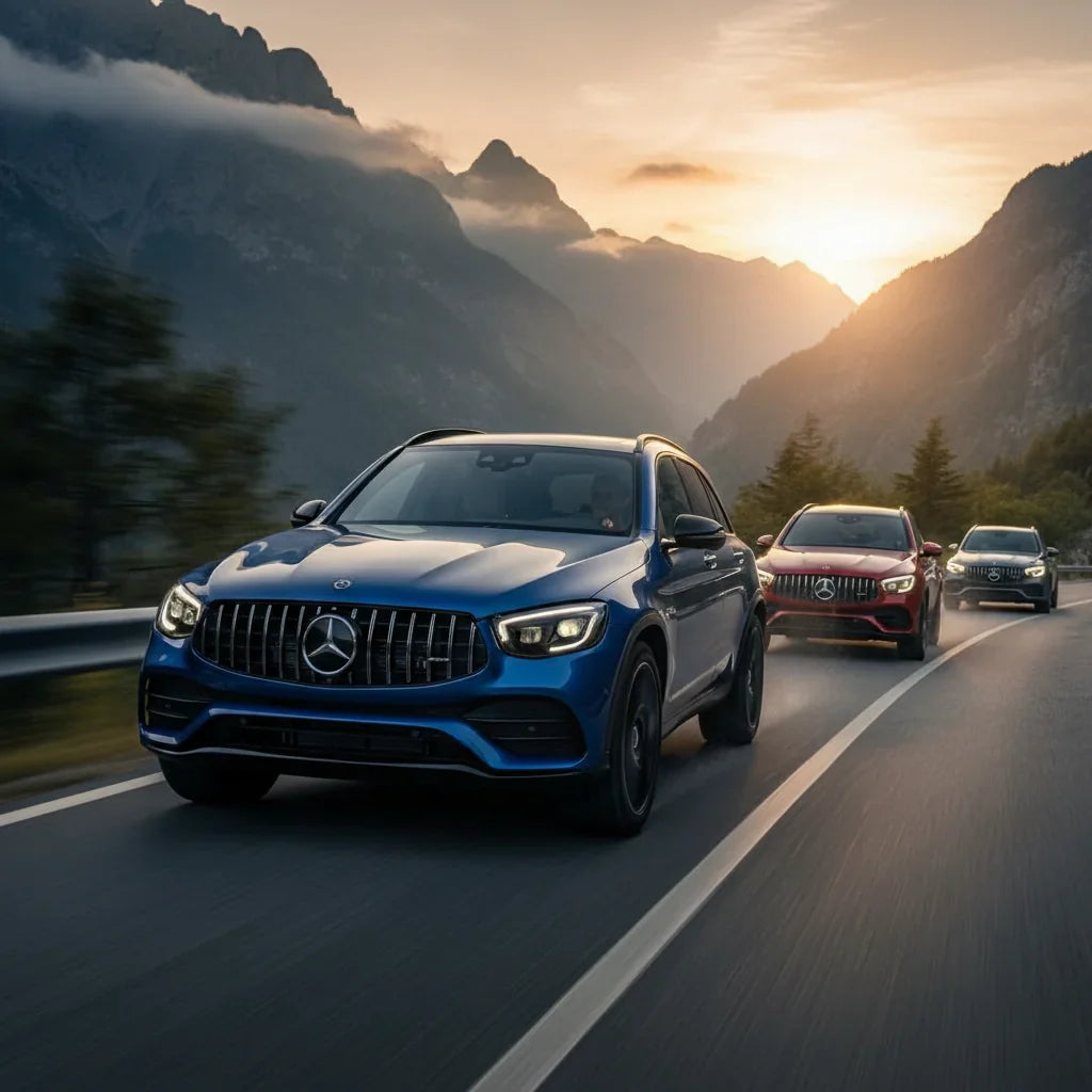 Editorial photo-realistic HERO image for automotive news (2026-02-11). Feature Mercedes-AMG vehicles specifically GLC53. Scene: The new Mercedes-AMG G